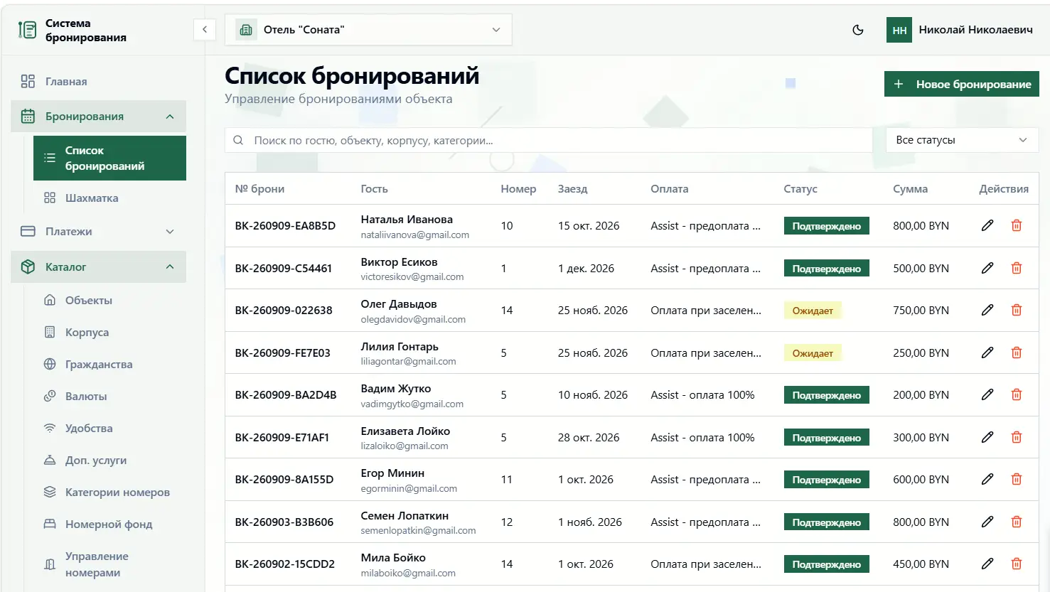 Список бронирований с фильтрацией и поиском